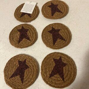 6 new burgundy star jute coasters